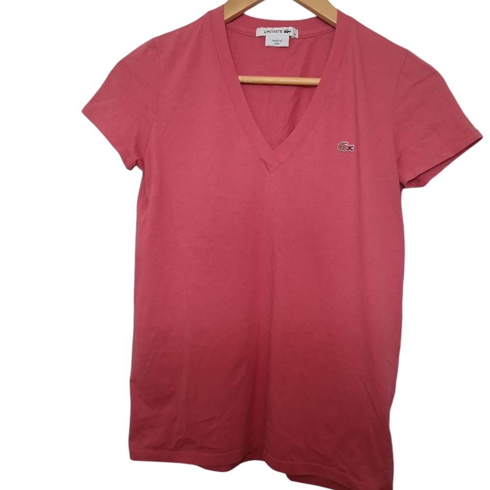 Lacoste 100% Cotton Pink Shirt Short Sleeve Tee V Neck Tennis Size 36 Or Size 6